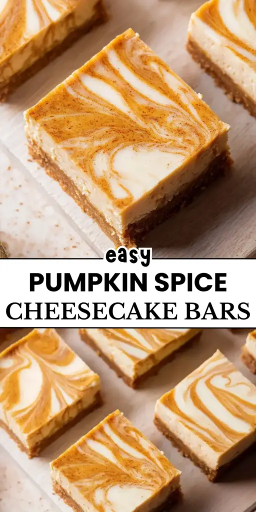 A vertical Pinterest pin featuring Pumpkin Spice Cheesecake Bars with a terracotta hue, white whipped cream dollops, and a crumbly graham cracker crust.