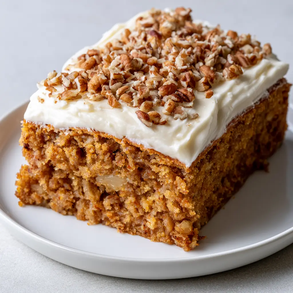 Hummingbird Sheet Cake with Tangy Cream Cheese Frosting 1 A slice of Hummingbird Sheet Cake on a white plate with a neutral background, highlighting the pecans and frosting.