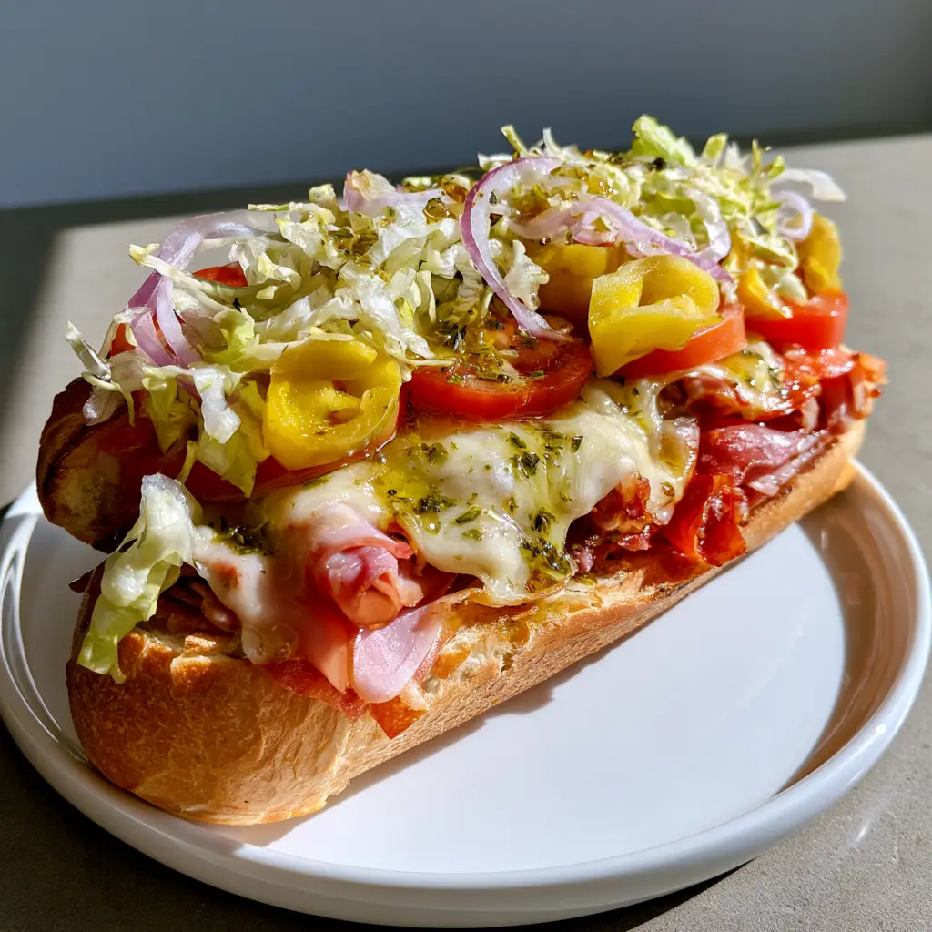 A delicious Italian sub sandwich showing shredded lettuce, red onion, and banana peppers drizzled with oil and vinegar.