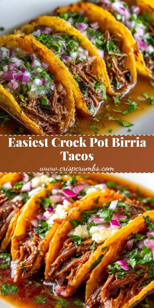 A close-up shot of two Slow Cooker Birria Tacos with reddish-orange stained tortillas and a side of dark red consomme dipping sauce. (Slow Cooker Birria Tacos)