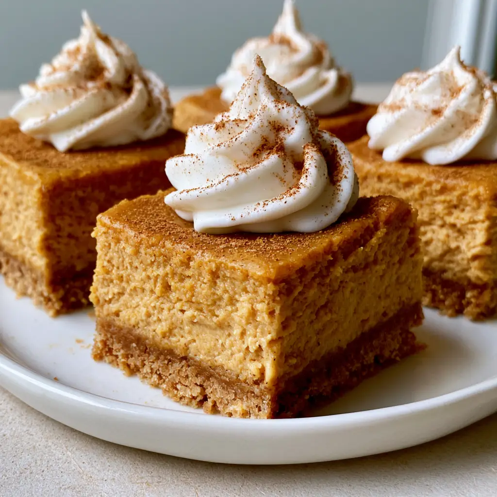 A handheld smartphone photo of Pumpkin Spice Cheesecake Bars topped with whipped cream swirls and cinnamon dusting.