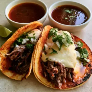 Two corn tortillas stained reddish-orange from chili oil, charred on the edges, filled with shredded beef and melted cheese. (Slow Cooker Birria Tacos)