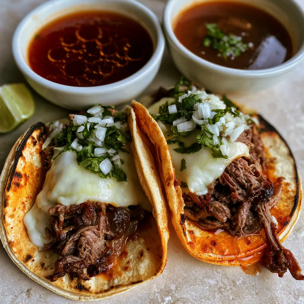 A ceramic bowl of dark red beef consommé with fat droplets and cilantro next to Birria tacos.