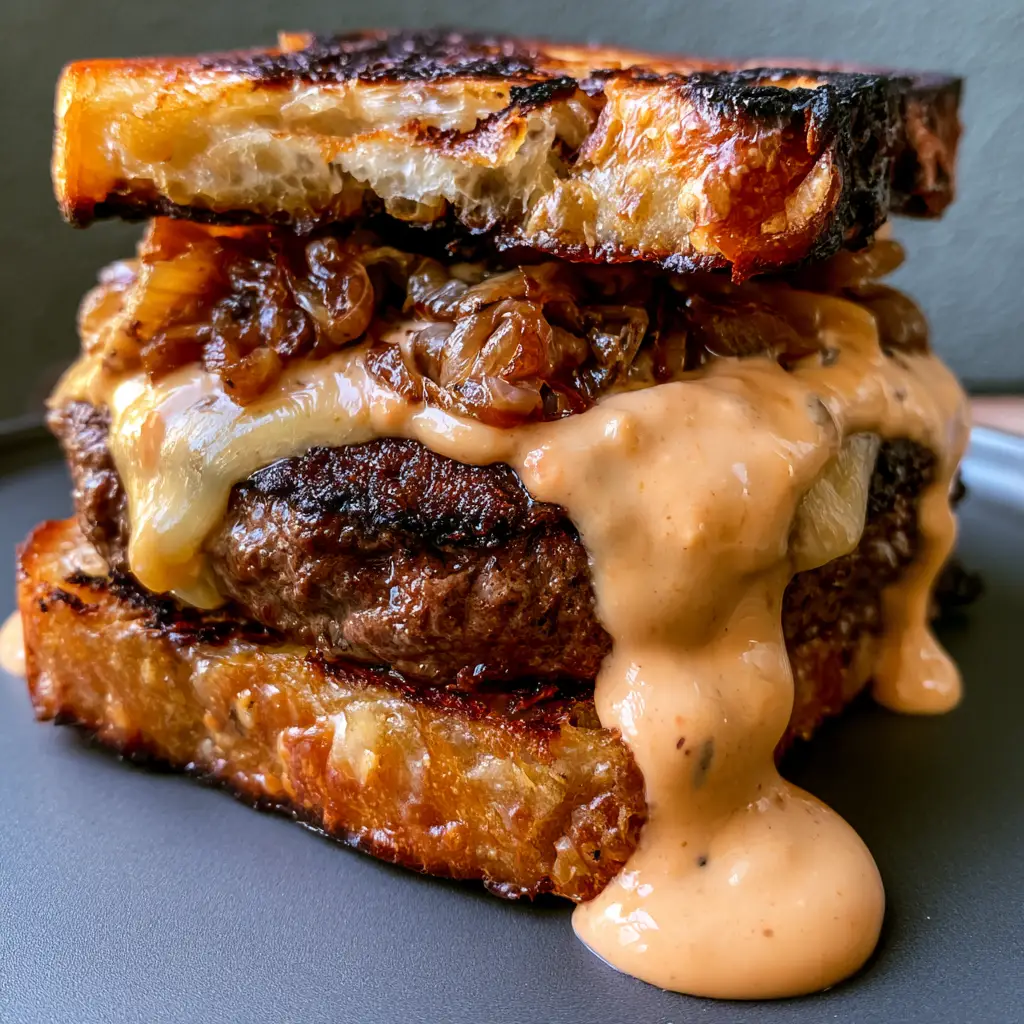 Patty Melt Recipe with Secret Sauce and Griddled Sourdough 2 Close up of a Patty Melt Recipe showing the dark charred crust on the beef and melted cheddar cheese.
