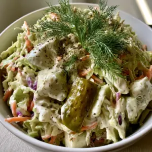 A close-up shot of creamy dill pickle coleslaw with thick white dressing and purple cabbage flecks. (dill pickle coleslaw)