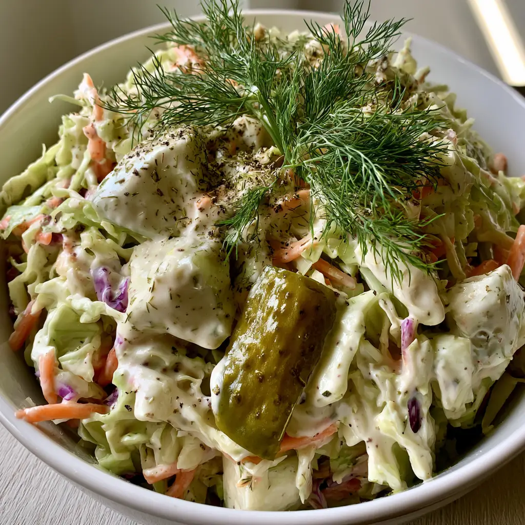 Dill Pickle Coleslaw: The Ultimate Tangy and Creamy Side Dish 2 A close-up shot of creamy dill pickle coleslaw with thick white dressing and purple cabbage flecks. (dill pickle coleslaw)