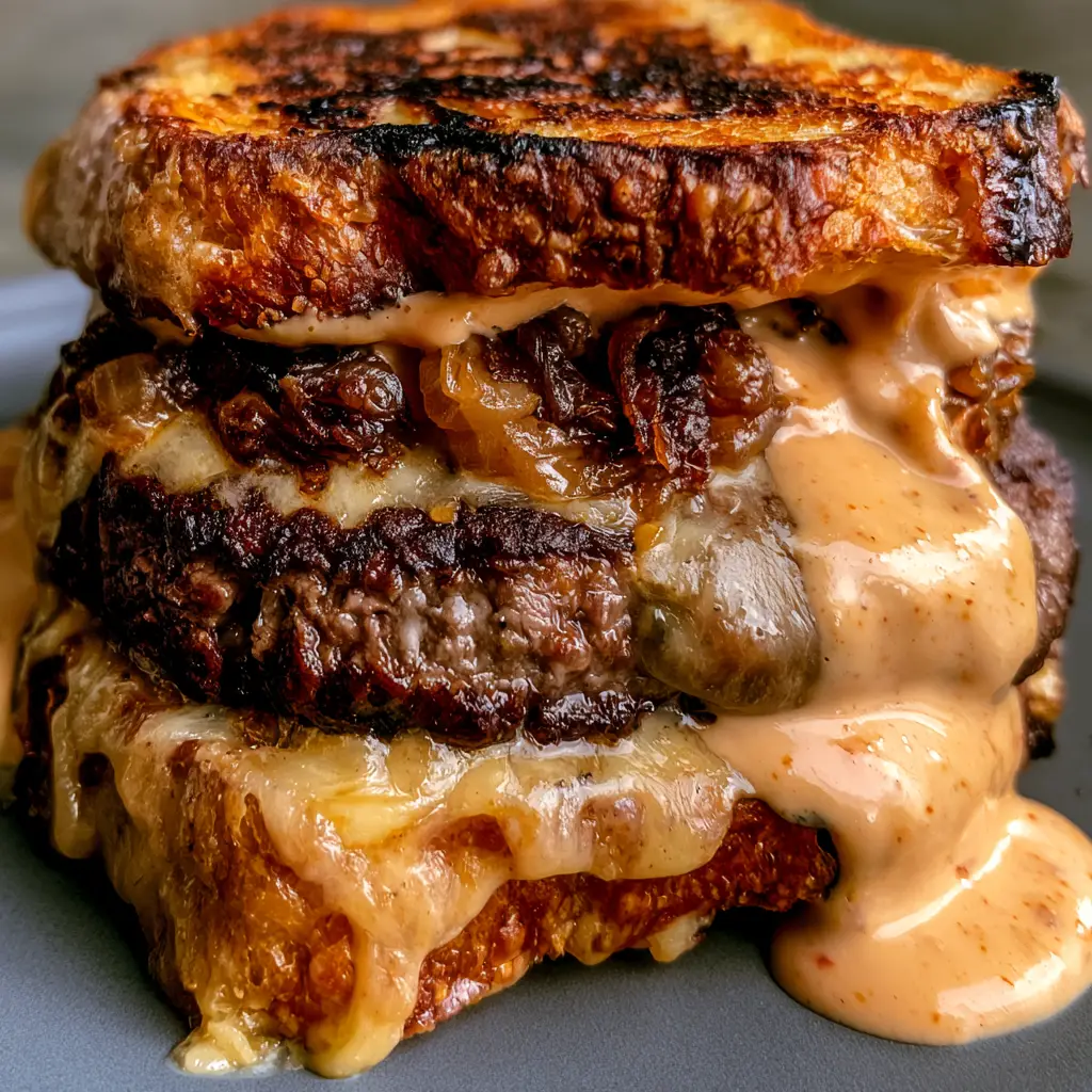 Patty Melt Recipe with Secret Sauce and Griddled Sourdough 1 Side view of a Patty Melt Recipe with pale orange secret sauce cascading down the side of griddled sourdough.