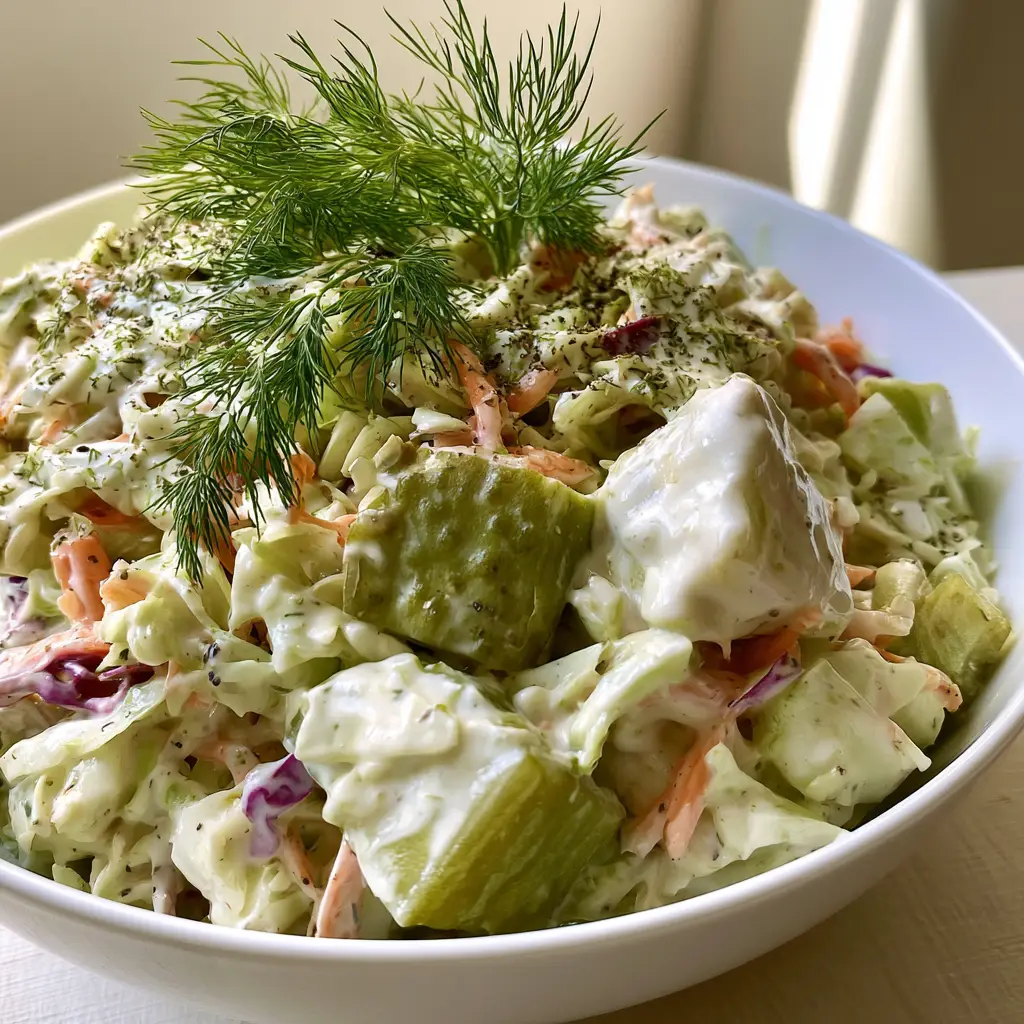 Dill Pickle Coleslaw: The Ultimate Tangy and Creamy Side Dish 1 Detailed view of shredded cabbage and matchstick carrots coated in dill pickle dressing.