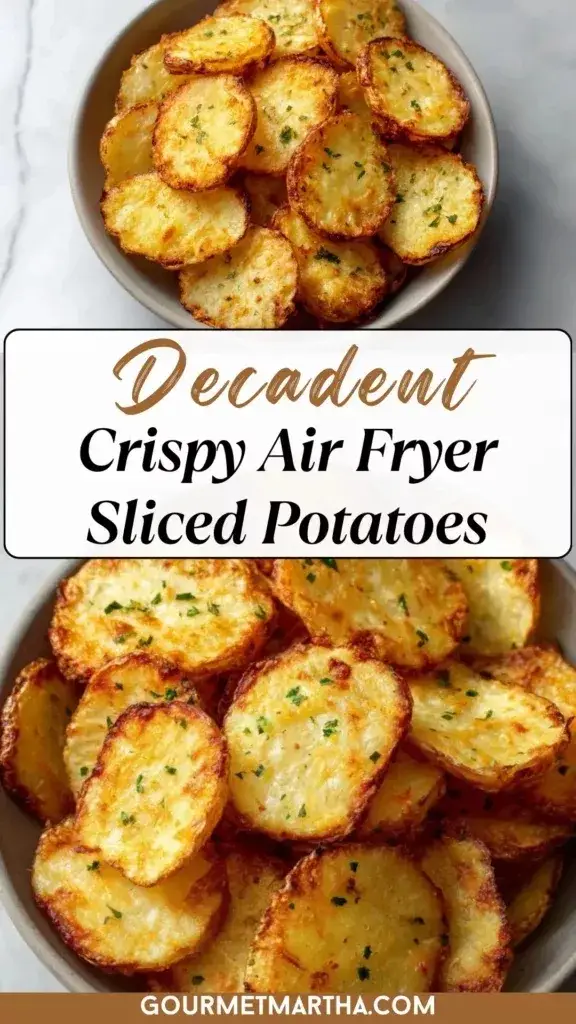 A heap of seasoned Air Fryer Sliced Potatoes in a white bowl showing crispy edges.