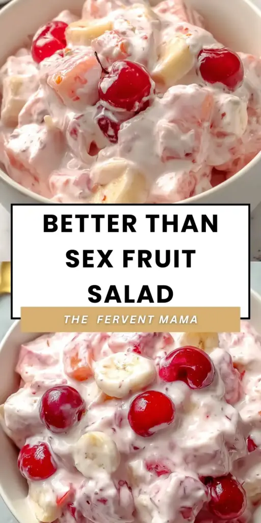 A vertical Pin showing a handheld smartphone photo of a purple fruit salad with marshmallows and cherries in a white bowl. (Better Than Sex Fruit Salad)