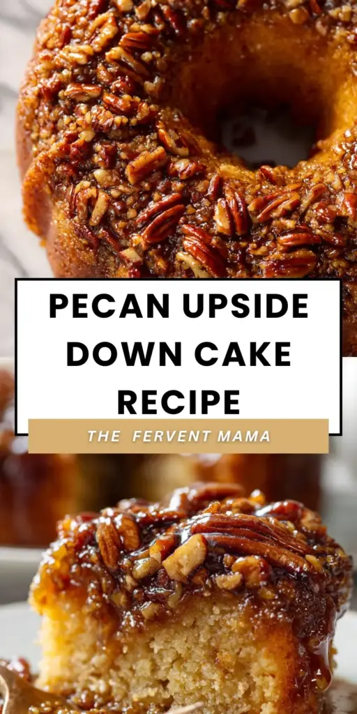 Pecan Upside Down Cake: The Ultimate Deep Caramel Toffee Crunch 4 A round Pecan Upside Down Cake with a thick layer of glossy caramelized pecans on a white plate.