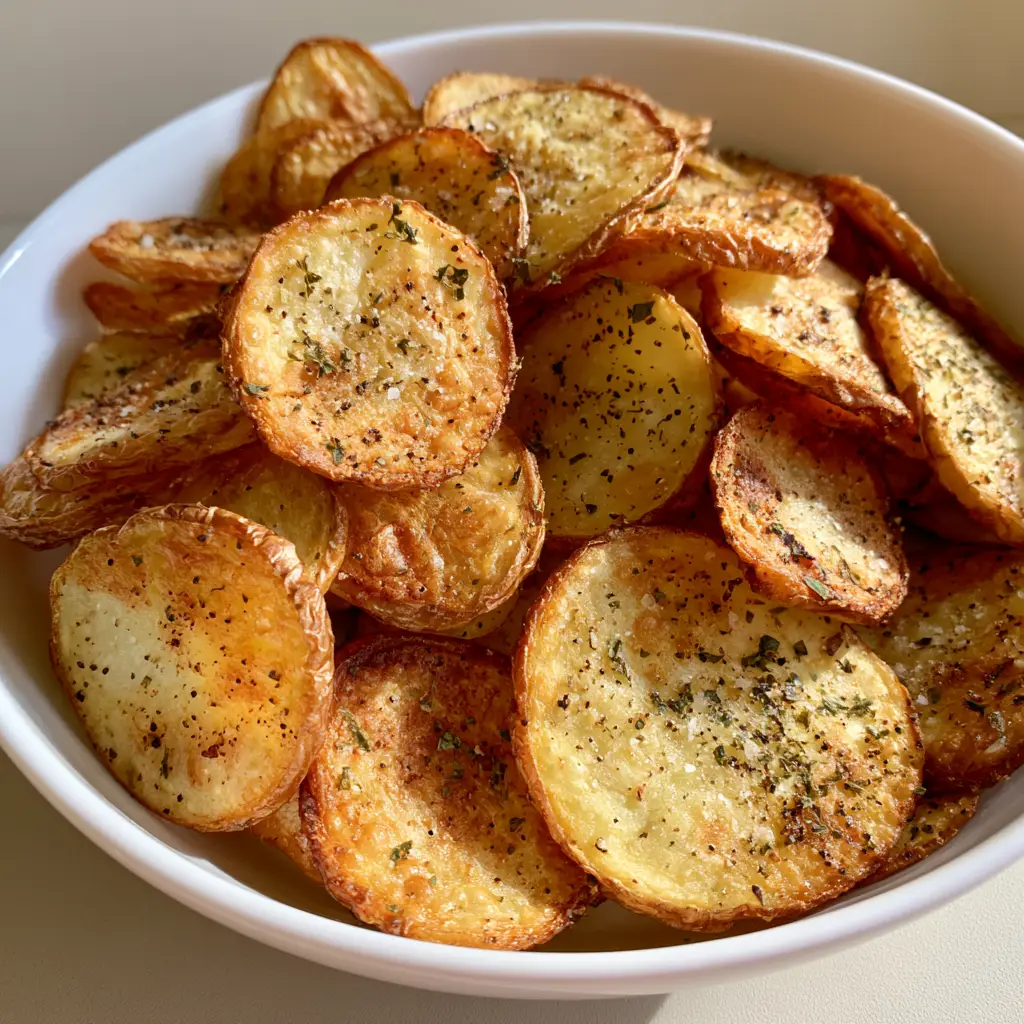 Top down view of a bowl of herb-seasoned Air Fryer Sliced Potatoes.
