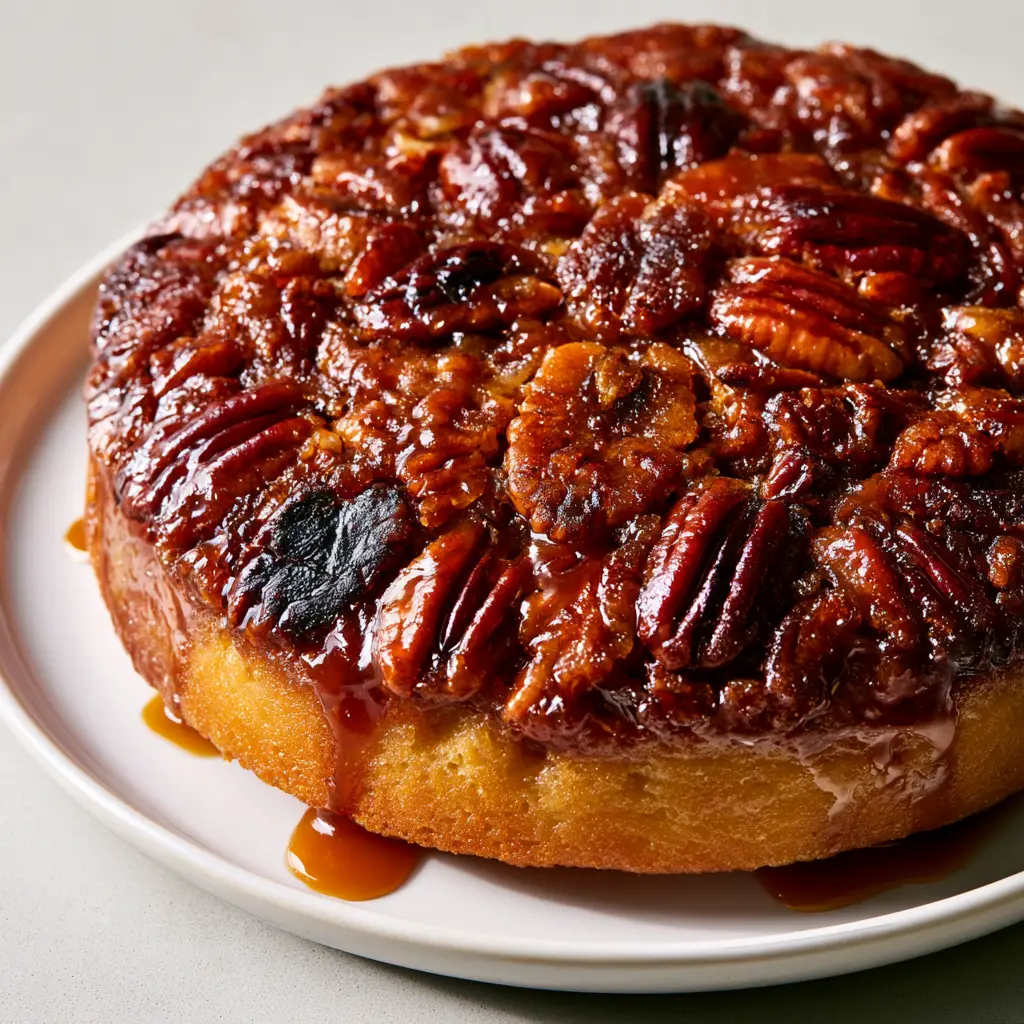 Pecan Upside Down Cake: The Ultimate Deep Caramel Toffee Crunch 2 Overhead view of a Pecan Upside Down Cake showing the toasted pecan halves and glossy caramel glaze.