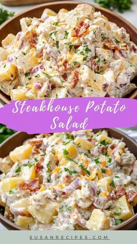 Steakhouse Potato Salad: The Ultimate Loaded Creamy Recipe 4 A tall Pinterest pin showing a close-up of Steakhouse Potato Salad with red skins, crispy bacon, and cheddar cheese.
