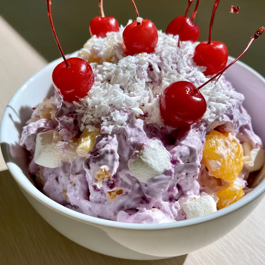 A side-lit photo of a white bowl filled with purple fluff fruit salad topped with cherries and coconut.