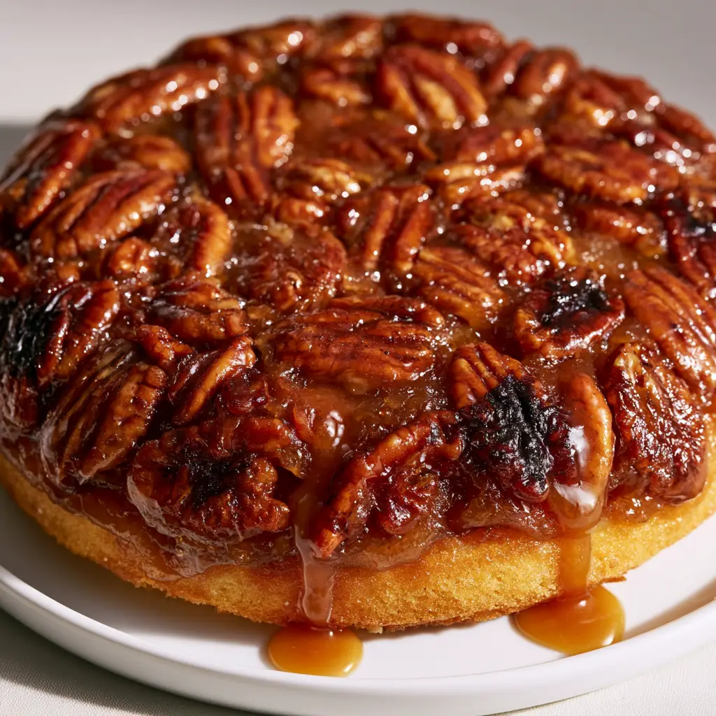 Pecan Upside Down Cake: The Ultimate Deep Caramel Toffee Crunch 1 A slice of Pecan Upside Down Cake on a white ceramic plate showing the moist golden yellow cake base.