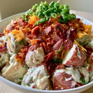 A white ceramic bowl filled with Steakhouse Potato Salad featuring red-skinned potatoes, thick white dressing, and bright orange cheddar.