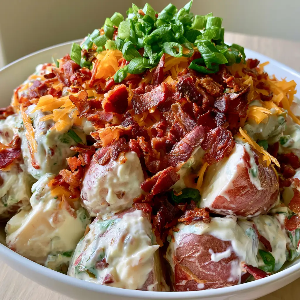 Steakhouse Potato Salad: The Ultimate Loaded Creamy Recipe 2 A white ceramic bowl filled with Steakhouse Potato Salad featuring red-skinned potatoes, thick white dressing, and bright orange cheddar.