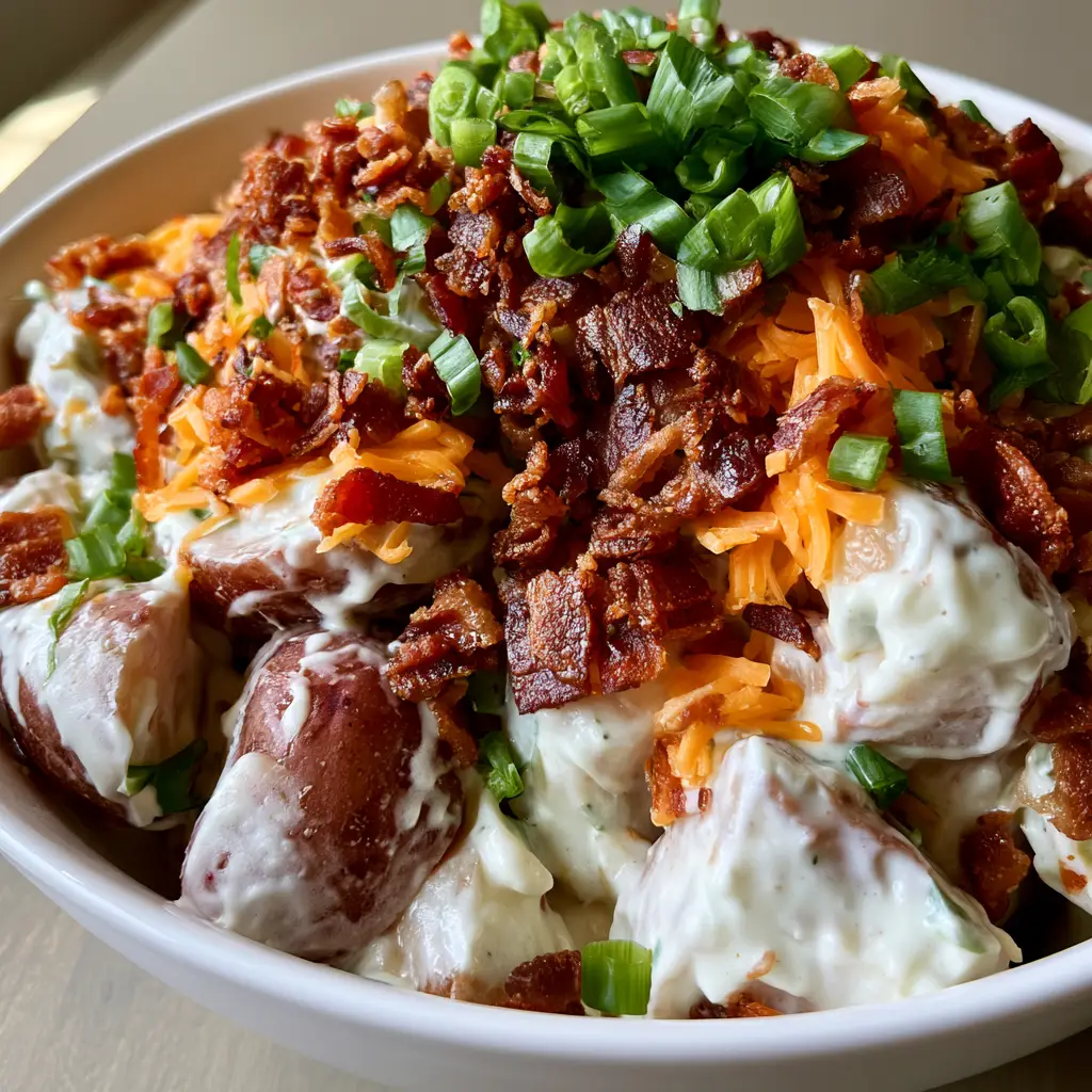 Steakhouse Potato Salad: The Ultimate Loaded Creamy Recipe 1 Top view of Steakhouse Potato Salad topped with deeply browned crispy bacon and fresh green scallions.