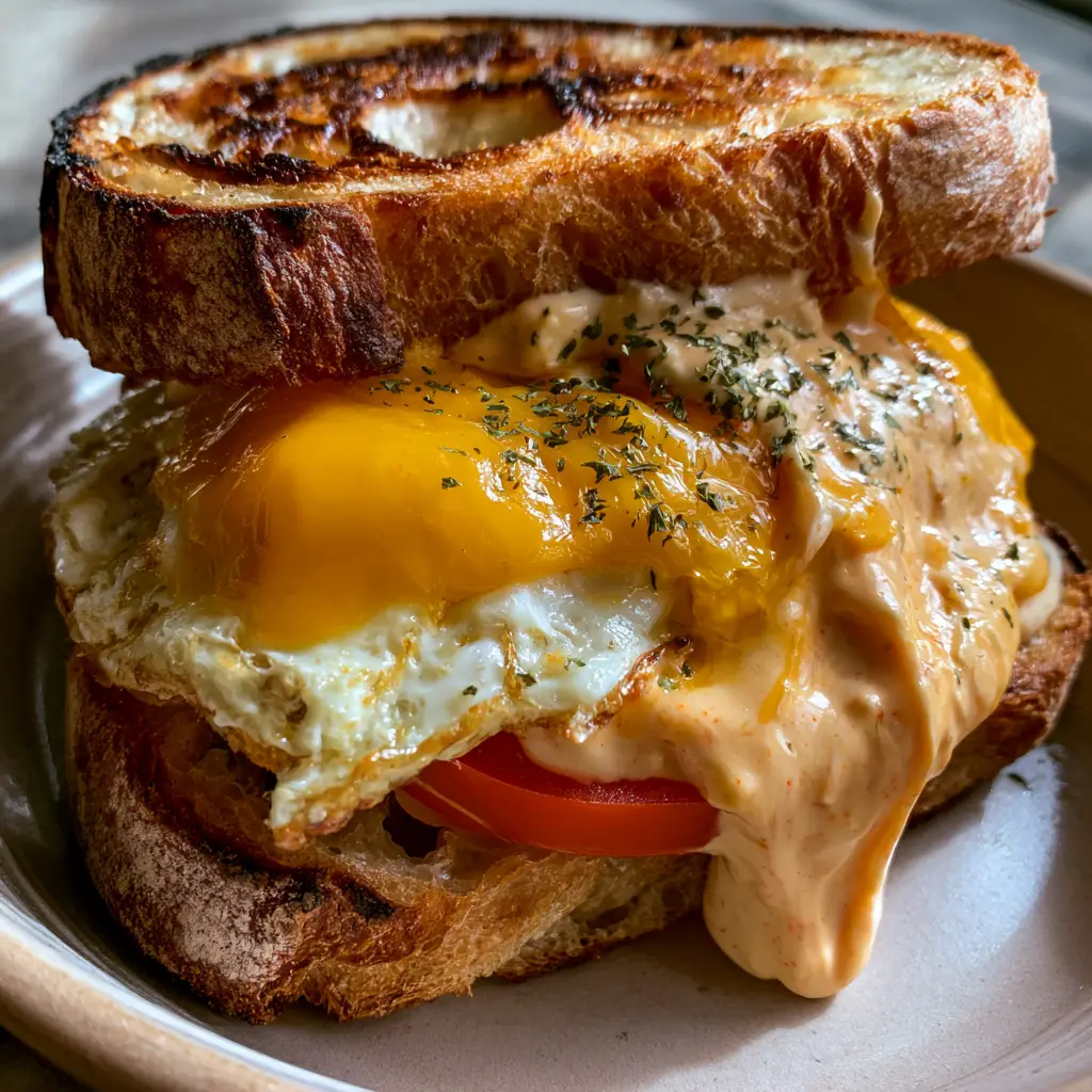Detailed smartphone photo of a Spicy Chipotle Egg Breakfast Sandwich featuring melted yellow cheddar and a soft egg yolk.