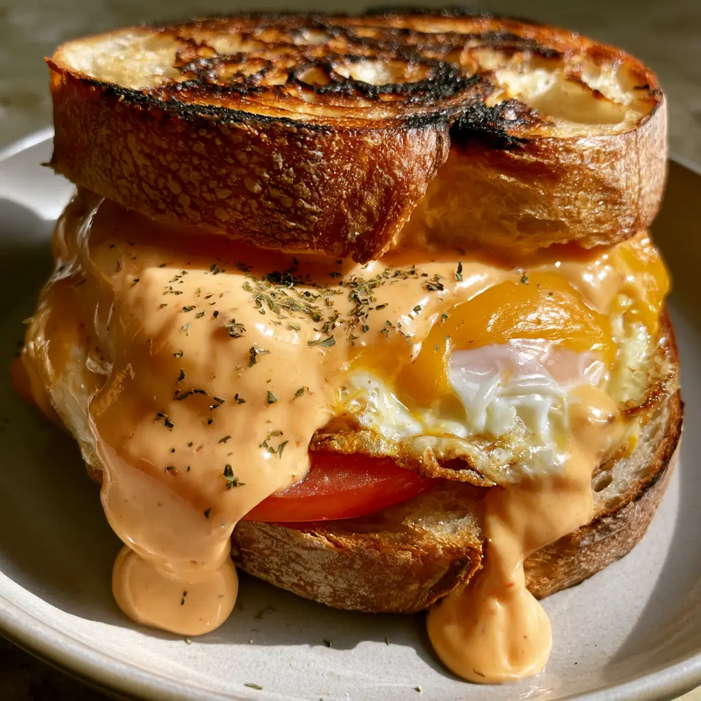 Visual assembly of the Spicy Chipotle Egg Breakfast Sandwich showing the creamy pale-orange sauce and parsley garnish.