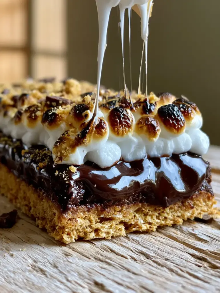 A detailed view of s'mores bars with charred golden-brown marshmallow tops and glistening white sticky strands.