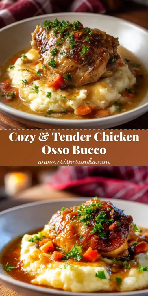 A red enamel Dutch oven filled with three bone-in Chicken Osso Buco thighs in a glossy orange-red sauce, garnished with lemon zest and parsley, served with yellow polenta.