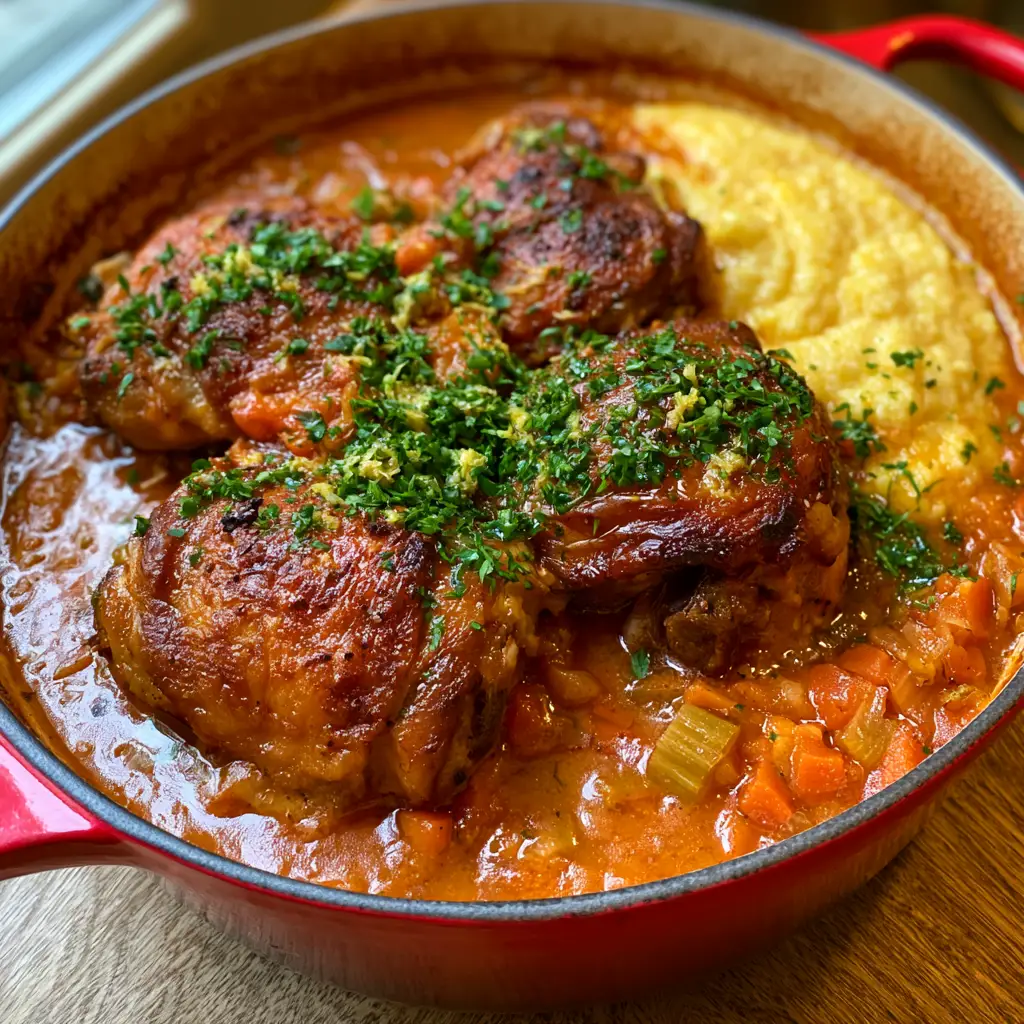 Chicken Osso Buco simmering in a glossy orange-red sauce with diced carrots and celery.