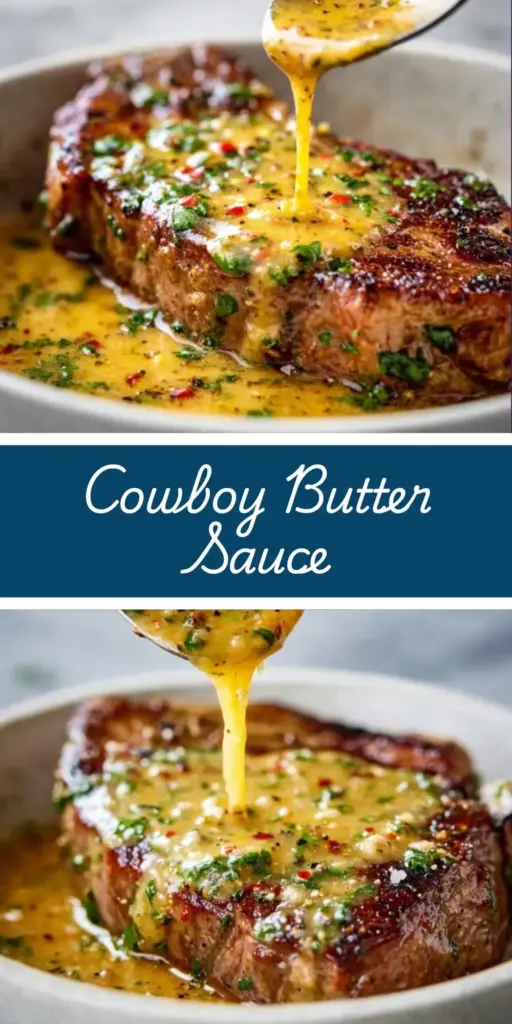 Cowboy Butter Sauce: The Ultimate Zesty Garlic Dipping Sauce 3 A close-up of a small white ceramic bowl filled with Cowboy Butter Sauce, showing red pepper flakes and parsley, next to slices of medium-rare steak.
