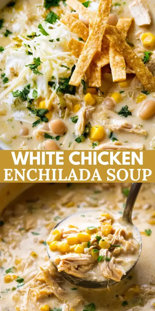 A top-down view of a rustic bowl filled with White Chicken Enchilada Soup topped with melted Monterey Jack, cilantro, and tortilla strips.