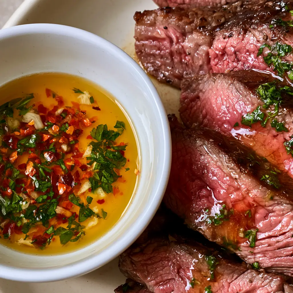 Cowboy Butter Sauce: The Ultimate Zesty Garlic Dipping Sauce 1 A smartphone-style photo of Cowboy Butter Sauce drizzled over juicy beef steak showing a pink center.