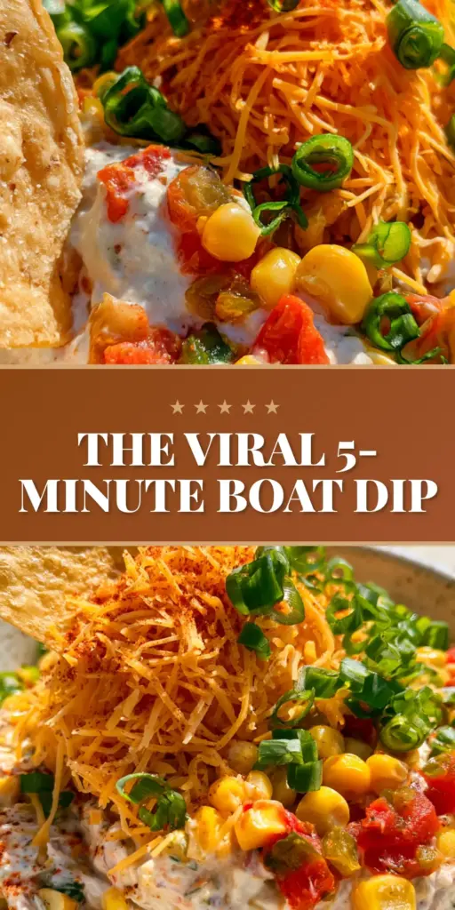 A close-up of a golden tortilla chip scooping into a vibrant Boat dip with corn, tomatoes, and orange cheddar in a white bowl.