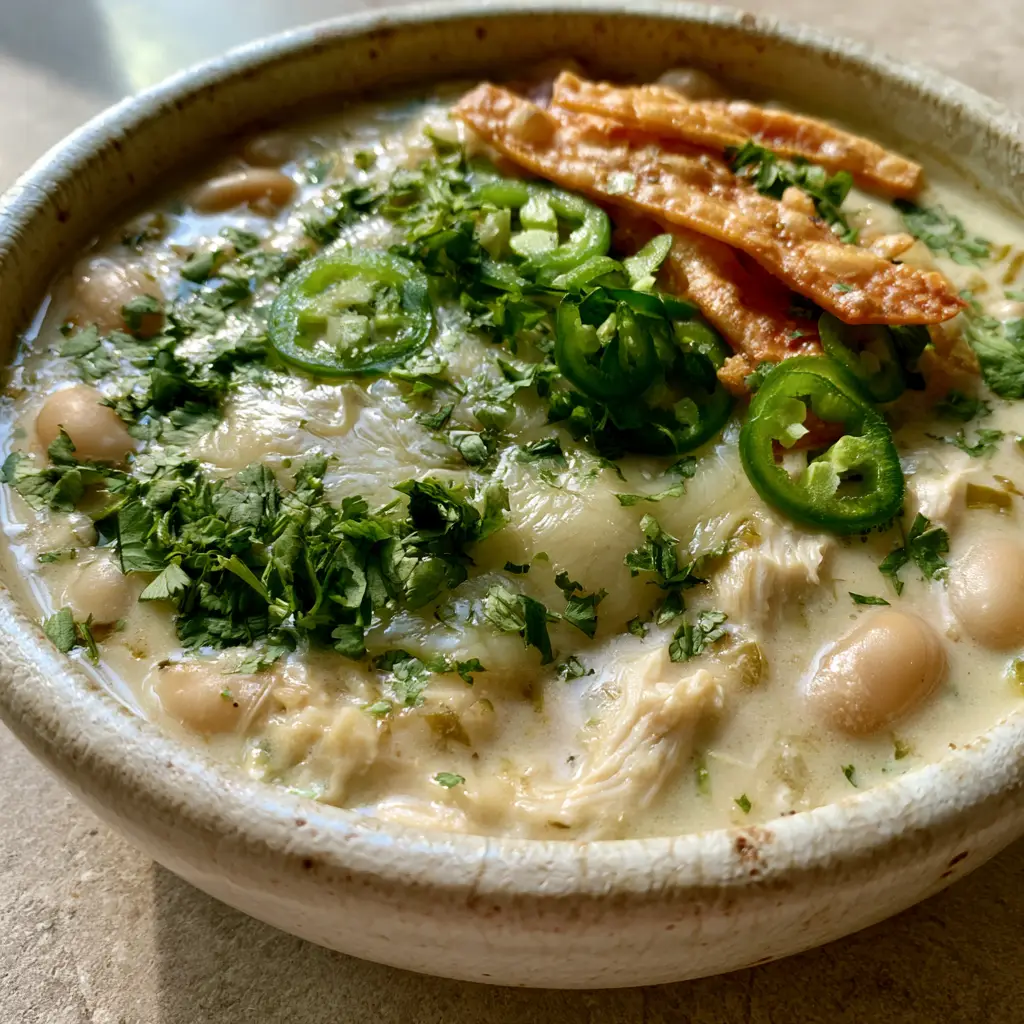 A smartphone photo of White Chicken Enchilada Soup garnished with fresh jalapeños and golden tortilla strips on a stone surface.