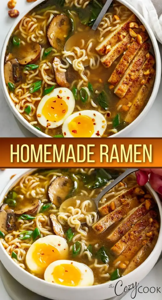 A stunning close-up of a Homemade Ramen Recipe featuring jammy eggs and seared chicken in a black bowl.