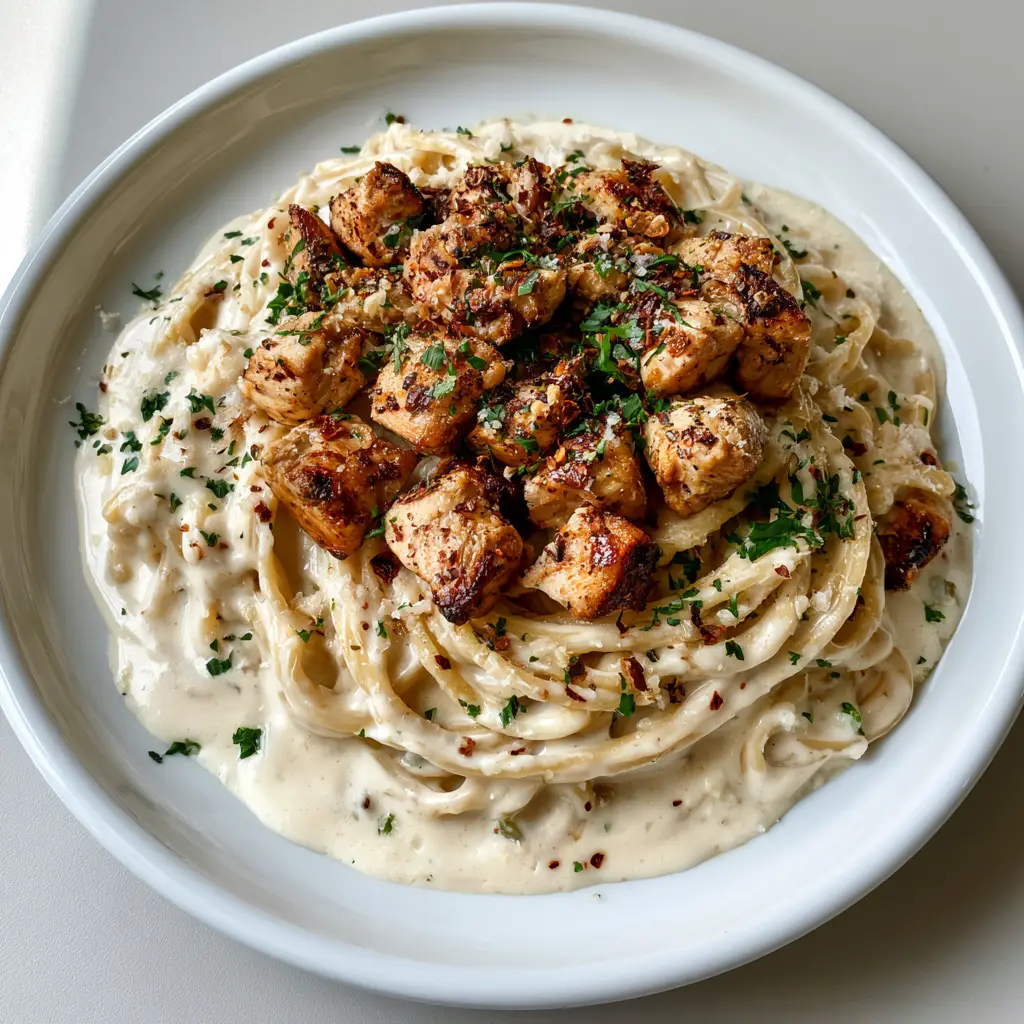 A mound of spaghetti coated in garlic butter sauce topped with seared chicken breast cubes and red chili flakes.