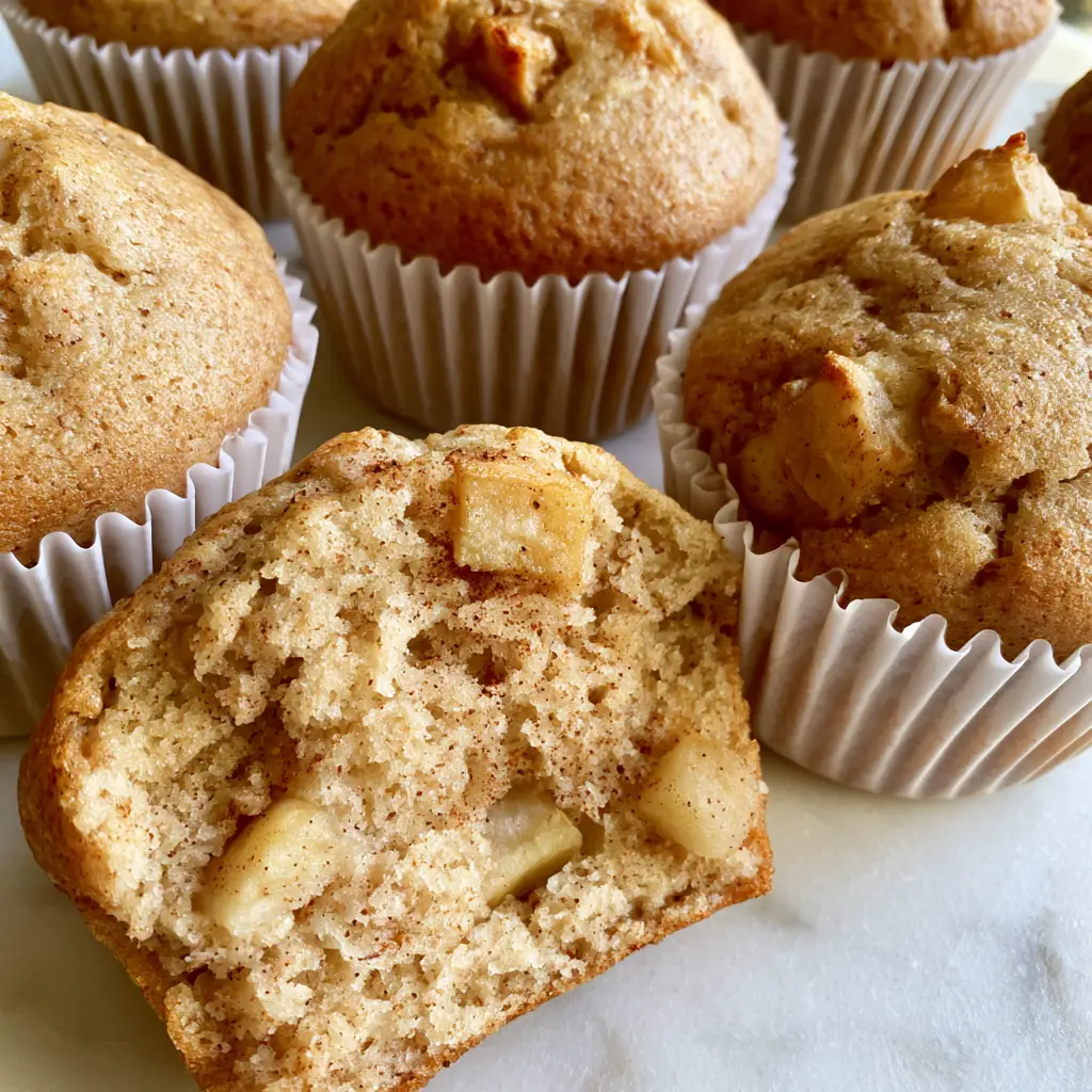Apple Cinnamon Greek Yogurt Muffins: Healthy and Moist Recipe 1 Several golden brown muffins arranged casually on a white marble surface in natural daylight.