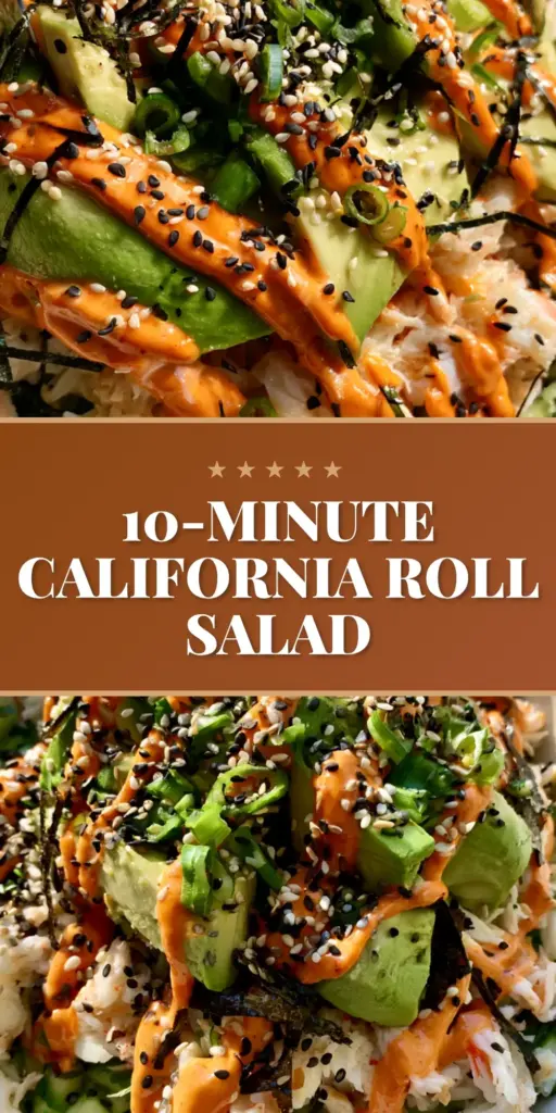 Top-down angled shot of a California roll cucumber salad in a wooden bowl featuring diced cucumbers, shredded crab, avocado, and spicy mayo zigzag. (california roll cucumber salad)