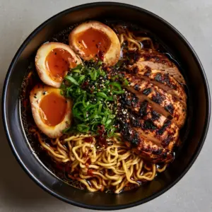 Top-down view of chicken ramen with wavy yellow wheat noodles and golden sesame oil droplets. (Homemade Ramen Recipe)