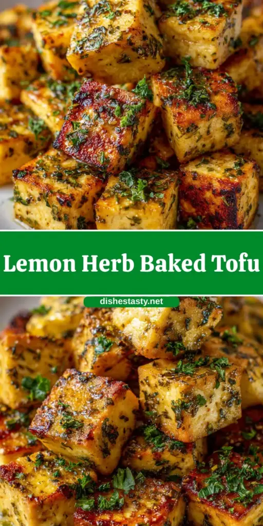 A Pinterest pin showing golden-brown crispy Lemon Herb Baked Tofu cubes in a white bowl with lemon wedges and herbal seasoning.