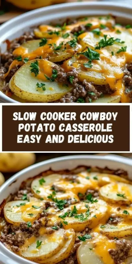 Slow Cooker Cowboy Casserole: The Ultimate Cheesy Comfort Food 4 A close-up overhead shot of a white square ceramic bowl filled with Slow Cooker Cowboy Casserole featuring melted orange cheddar, creamy potatoes, and green onion garnish.