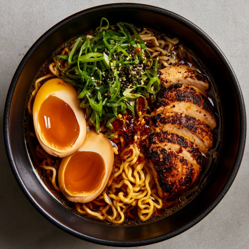 Close up shot of sliced seared chicken breast with dark brown grill marks and deep orange jammy eggs on ramen.