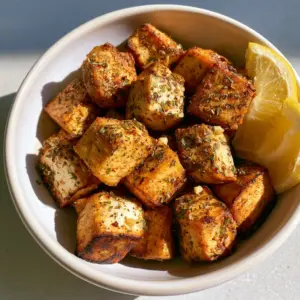 Top-down view of golden-brown baked tofu cubes with charred edges and dried herbs in a white ceramic bowl. (Lemon Herb Baked Tofu)