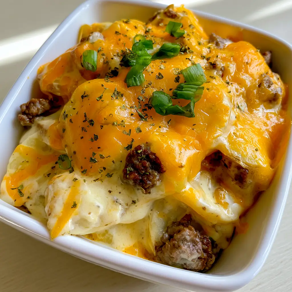 Slow Cooker Cowboy Casserole: The Ultimate Cheesy Comfort Food 2 Overhead handheld smartphone photo of Slow Cooker Cowboy Casserole in a white bowl showing bubbly orange cheese and scalloped potatoes.