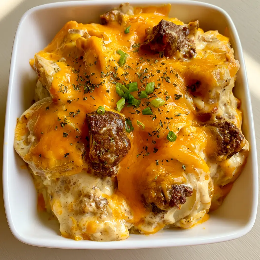 Slow Cooker Cowboy Casserole: The Ultimate Cheesy Comfort Food 1 Close-up of melted cheddar cheese and browned beef chunks inside a Slow Cooker Cowboy Casserole.
