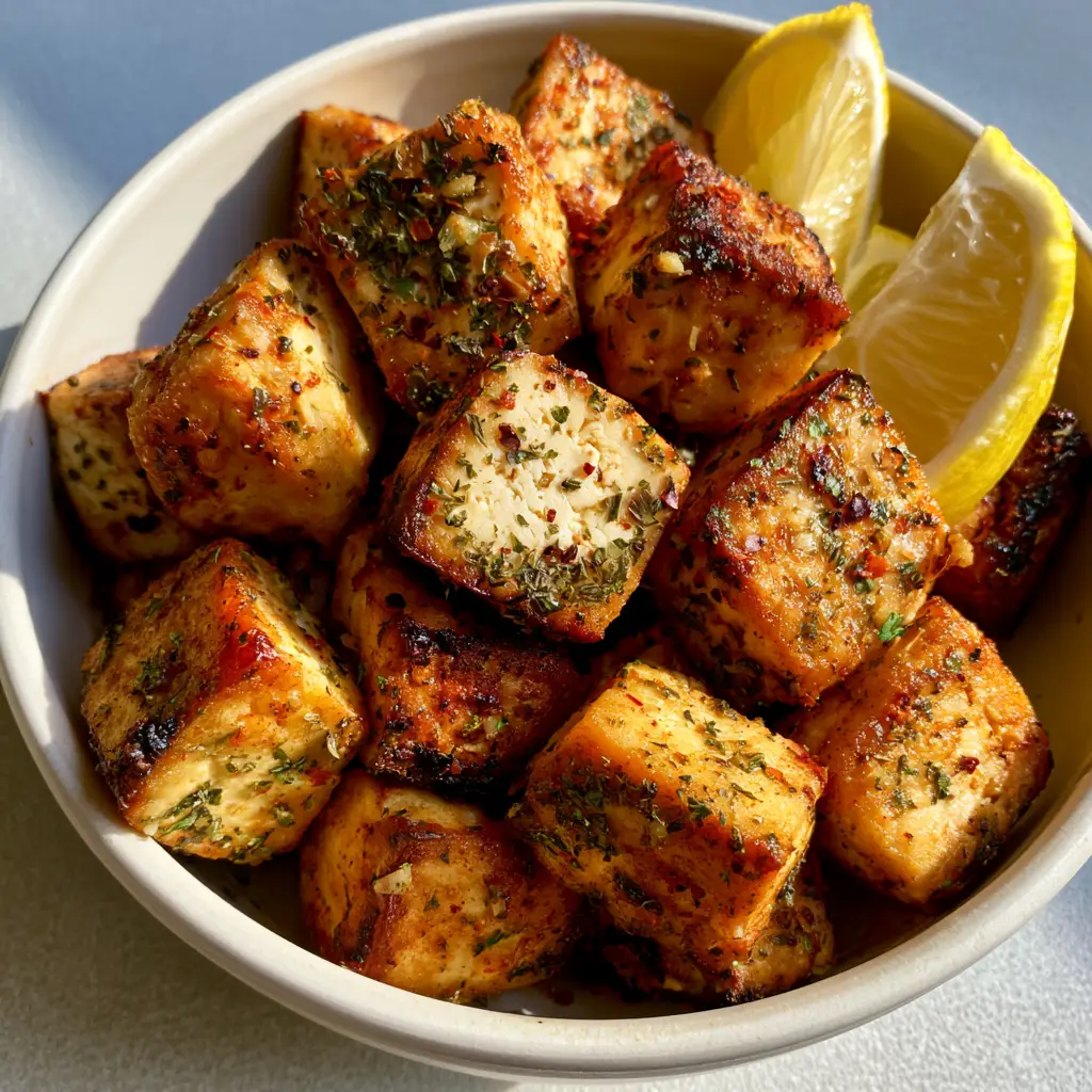 Close-up of seasoned Lemon Herb Baked Tofu cubes with lemon wedges in soft natural light.