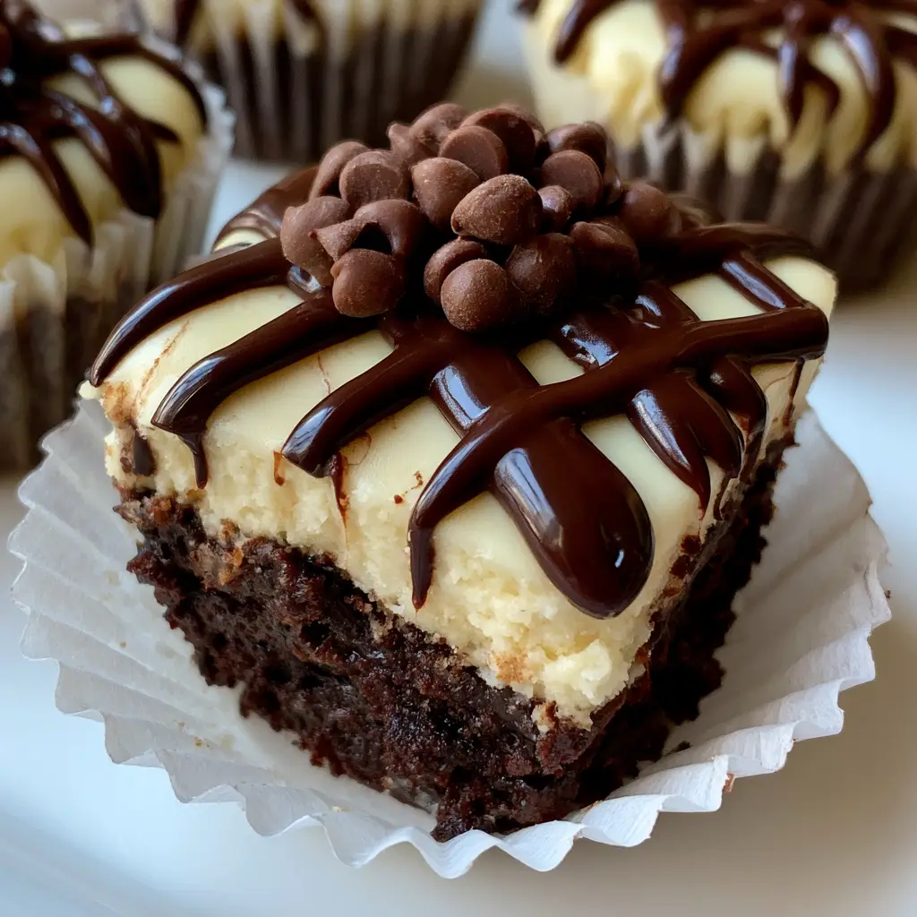 Handheld photo of a mini cheesecake bite showing the dense chocolate brownie layer and mini chocolate chip garnish.