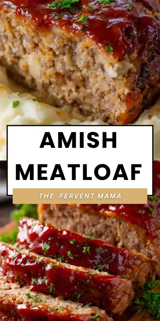 Three thick slices of meatloaf with a glossy reddish-brown glaze on a white ceramic plate. (Amish Meatloaf Recipe)