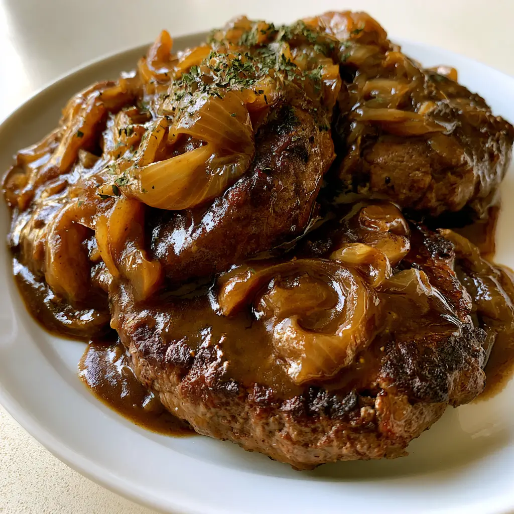 Two thick oval beef patties on a white ceramic plate topped with numerous softened yellow onion slivers.