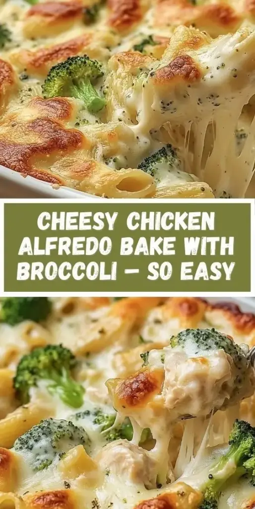 Chicken Alfredo Bake with Broccoli: The Ultimate Cheesy Comfort Food 4 A bubbling Chicken Alfredo Bake with Broccoli in a white ceramic dish with melted mozzarella and golden charred spots.