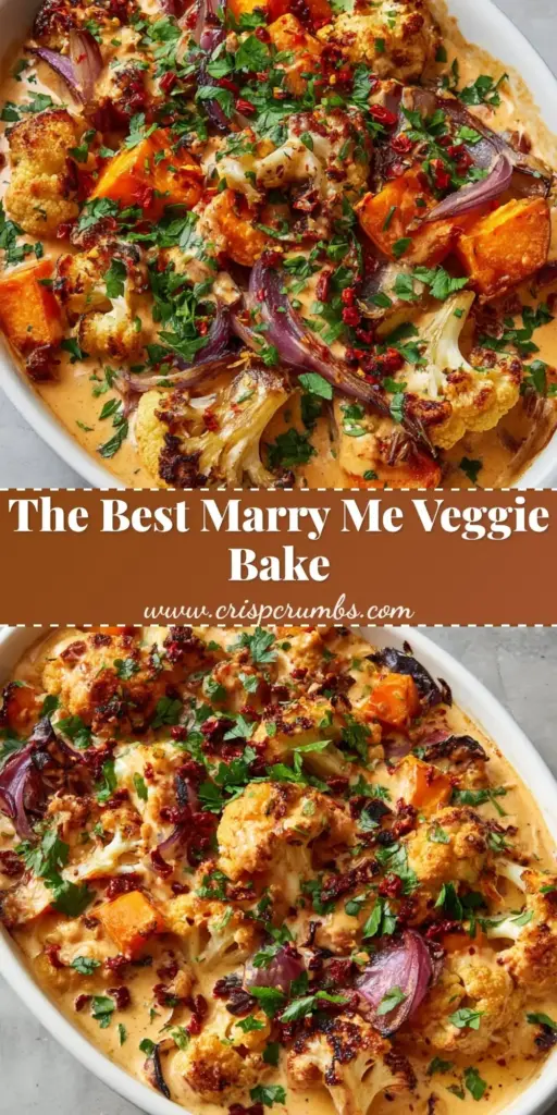 A round white ceramic dish filled with Marry Me Roasted Vegetable Bake, featuring charred broccoli and creamy sun-dried tomato sauce.